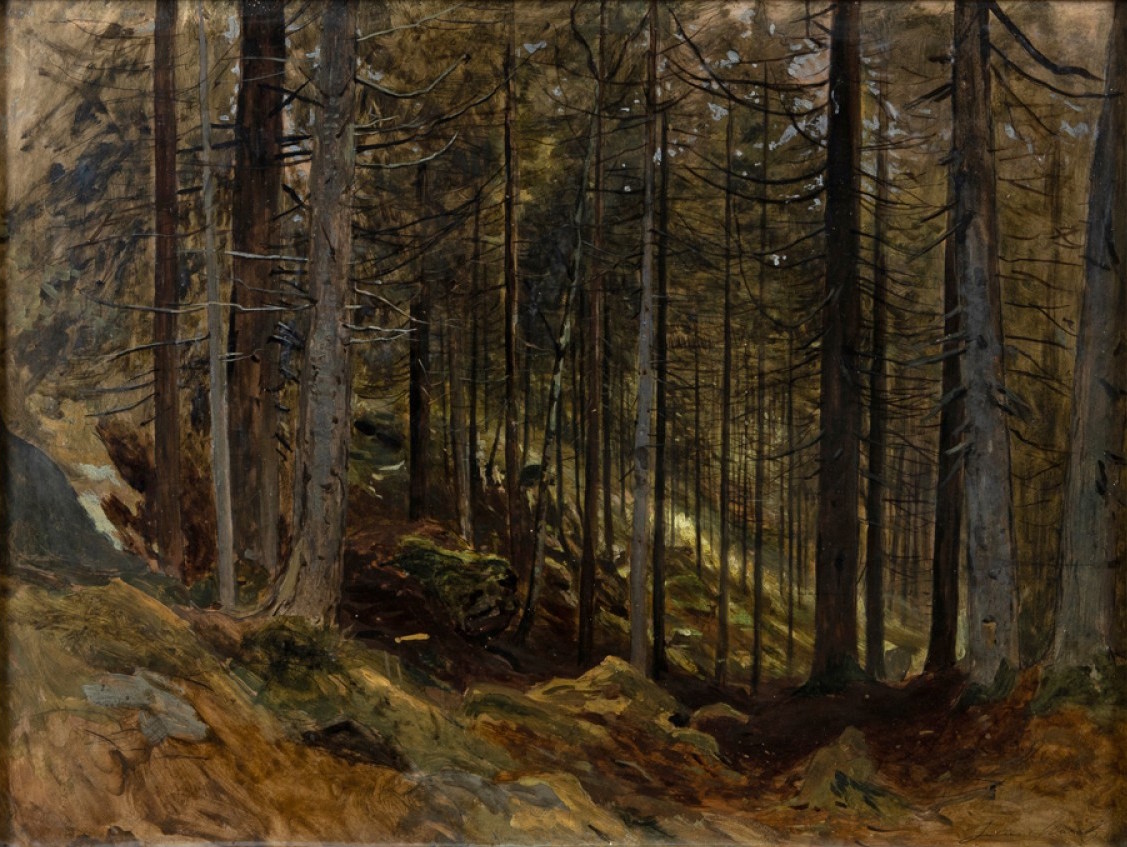 Julius Mařák: Interiér lesa, 1890-95, olej na lepence, 48,5 × 65 cm, vyvolávací cena: 450 000 Kč (+ 22% provize), Galerie Pictura 9. 12. 2020