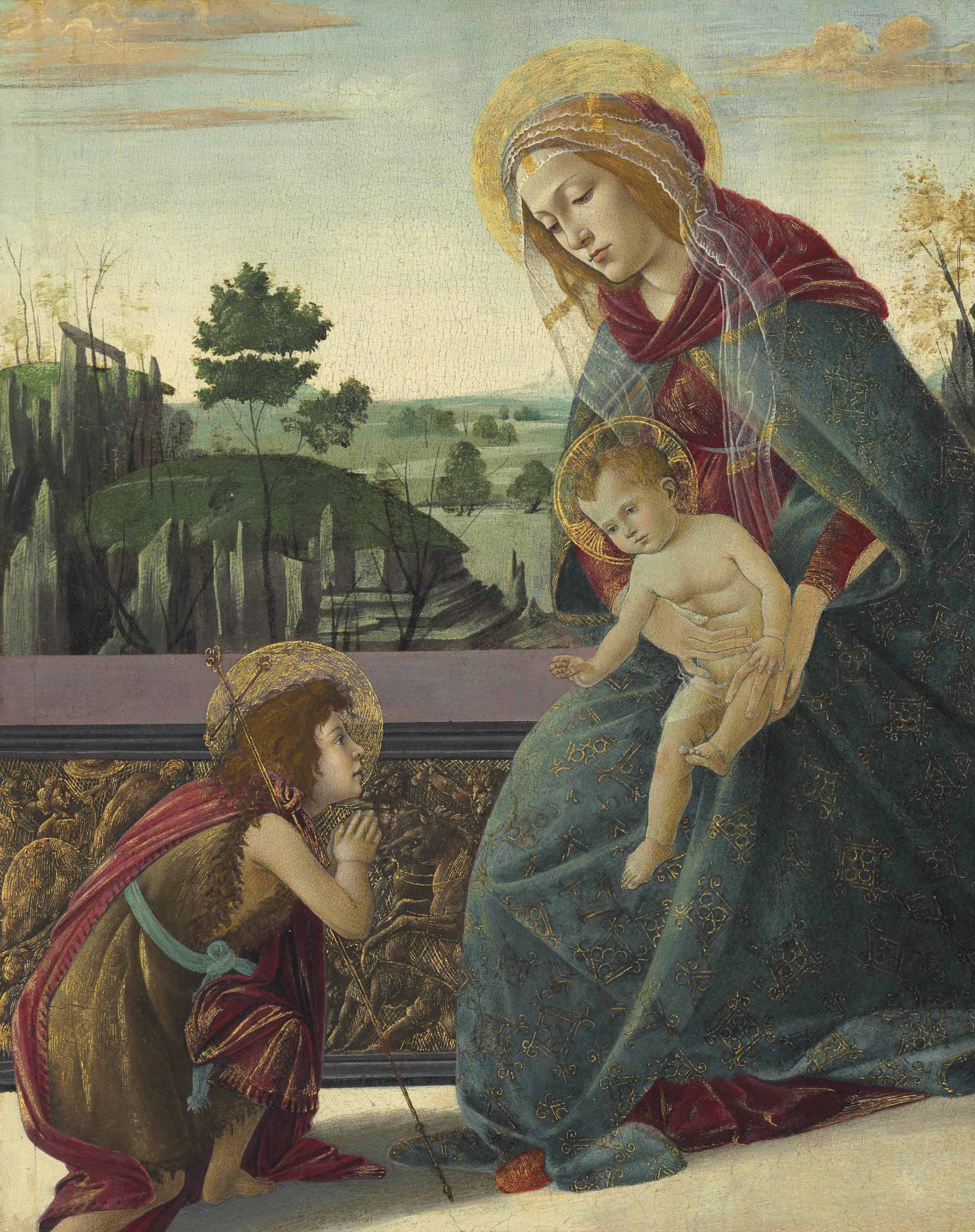 Sandro Botticelli: Madona s dítětem a svatým Janem Křtitelem (tzv. Rockefellerova Madona), po 1490,  tempera na desce, 46,3 x 36,8 cm,  cena: 10 442 500 USD,  Christie’s New York 30. 1. 2013