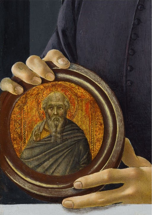 Sandro Botticelli: Podobizna mladého muže s medailonem, asi 1475-1485, detail medailonu, tempera na desce, 58,4 x 39,4 cm,  odhadní cena nezveřejněna,  Sotheby’s New York 28. 1. 2021