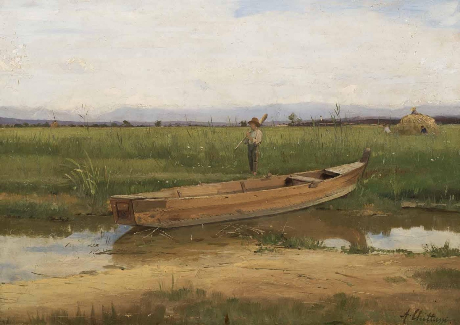 Antonín Chittussi: Letní krajina s pramicí, kolem 1885, olej na lepence, 30,5 cm x 44,5 cm, cena: 600 000 Kč, Galerie Kodl 27. 5. 2018