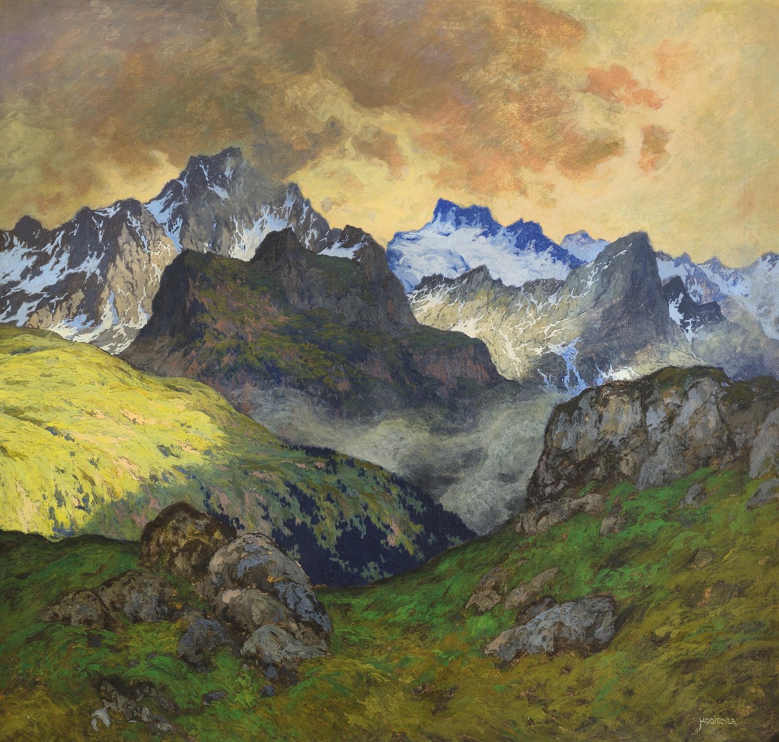 Hugo Hodiener (Hodina): Alpská krajina, olej na plátně, 116 x 123 cm,  odhadní cena: 2 800 EUR (73 000 Kč) + provize 20% Dorotheum Vídeň 6. 5. 2021