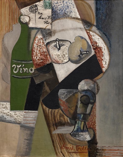 Emil Filla: Zátiší s lahvá a telíř jablek, 1913–14