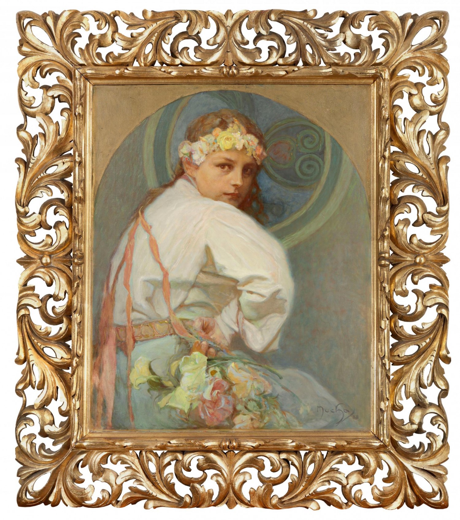 Alfons Mucha: Pohled do budoucnosti, 1938, olej na plátně, 67,5 x 56 cm, vyvolávací cena: 13 310 000 Kč, Adolf Loos Apartment and Gallery 18. 4. 2021