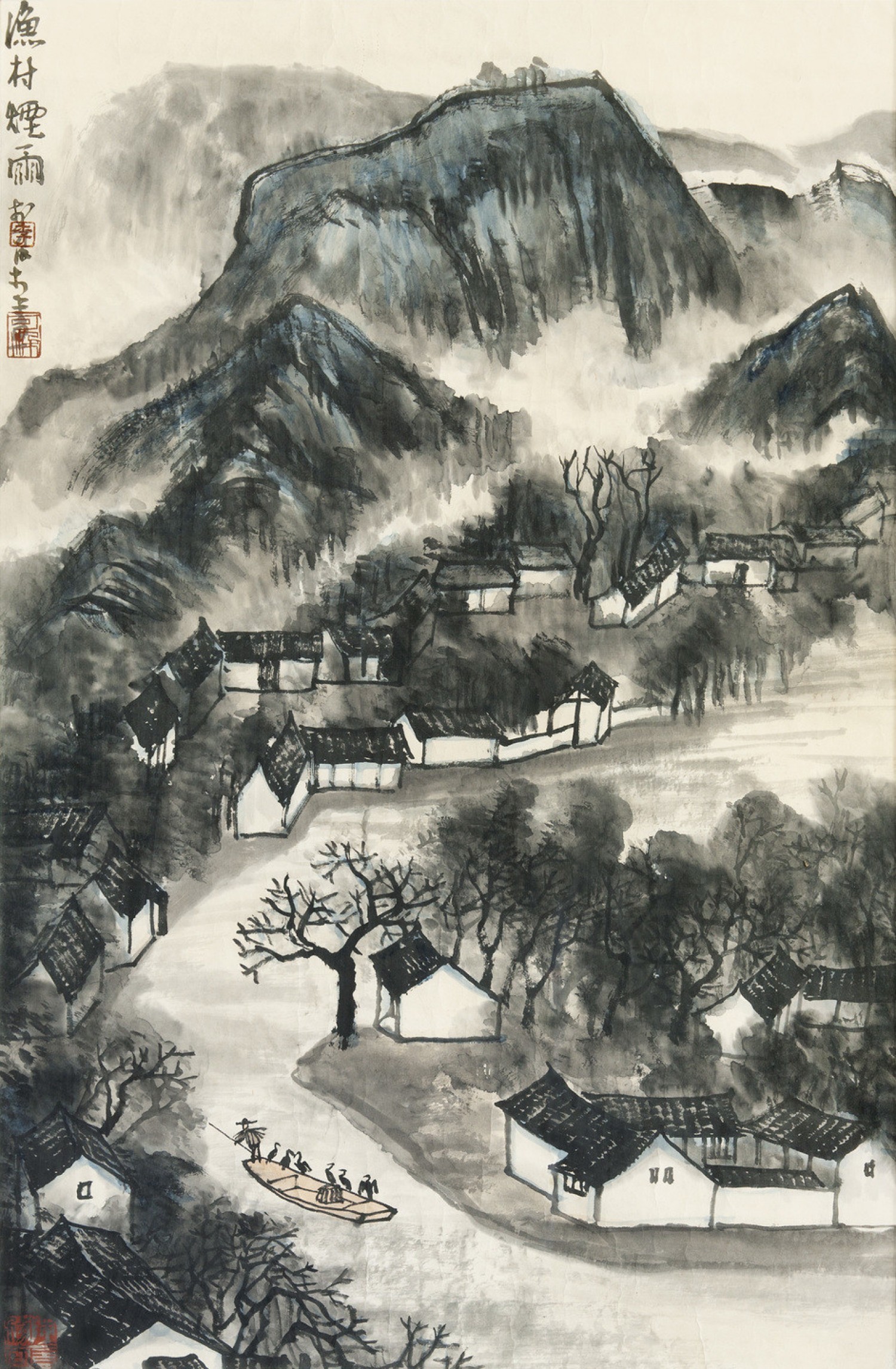 Li Kche-žan:Rybářská vesnice v mlze a dešti, 1955, tuš a barvy na papíře, 80 x 52 cm,  cena: 13 750 000 Kč,  Arcimboldo 11. 4. 2021