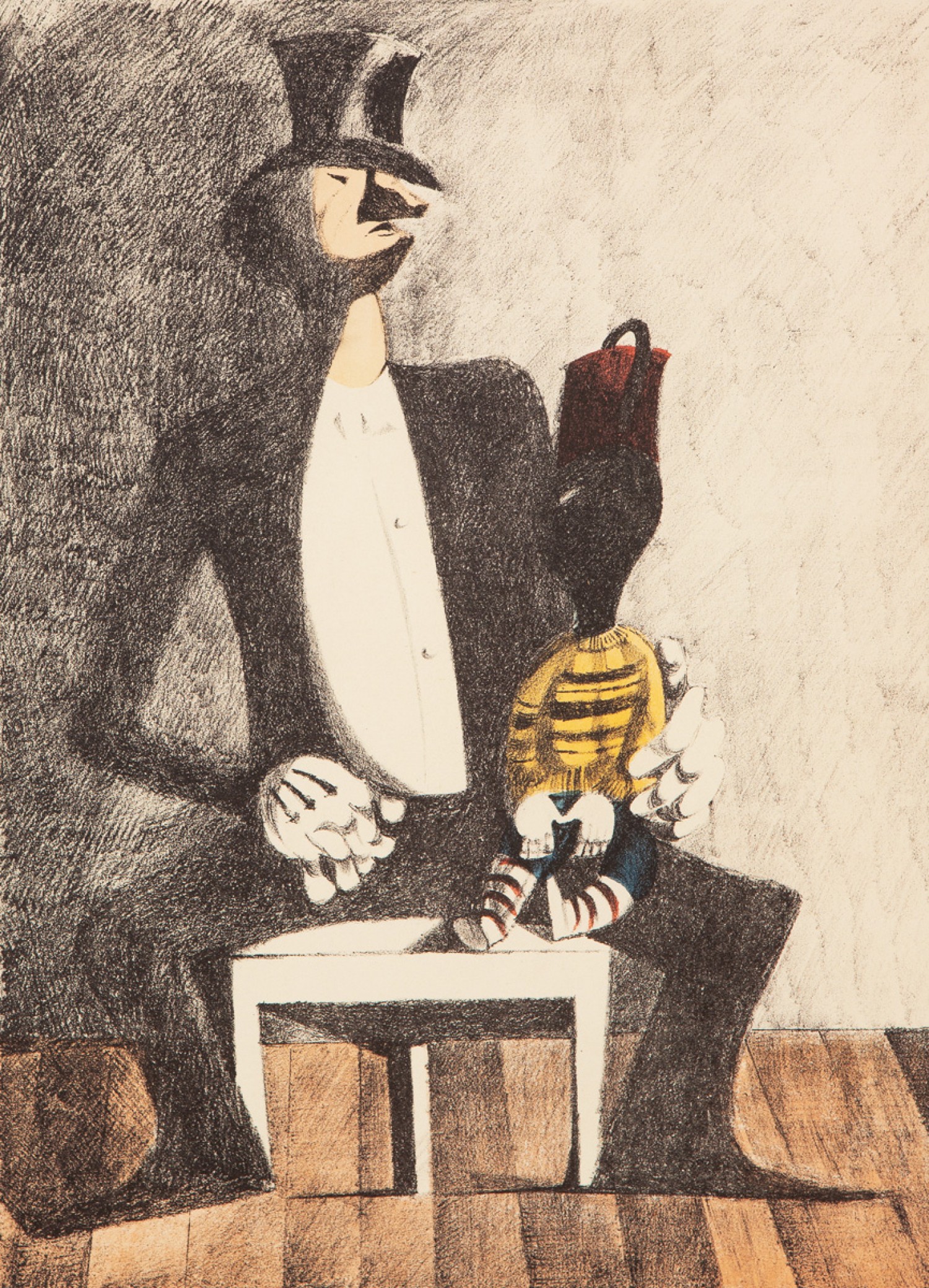 František Tichý: Břichomluvec, kolem r. 1910, barevná litografie na papíře, 44 x 32 cm, cena: 50 200 Kč, Galerie Pictura 13. 10. 2021