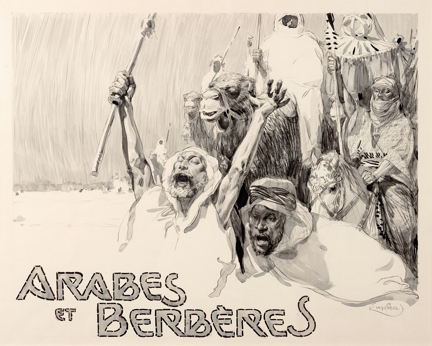 František Kupka: Arabes et Berbères (Arabové a Berbeři), záhlaví kapitoly, štětec a tuš na papíře, 47,7 × 62,5 cm, Galerie Kodl 28. 11. 2021