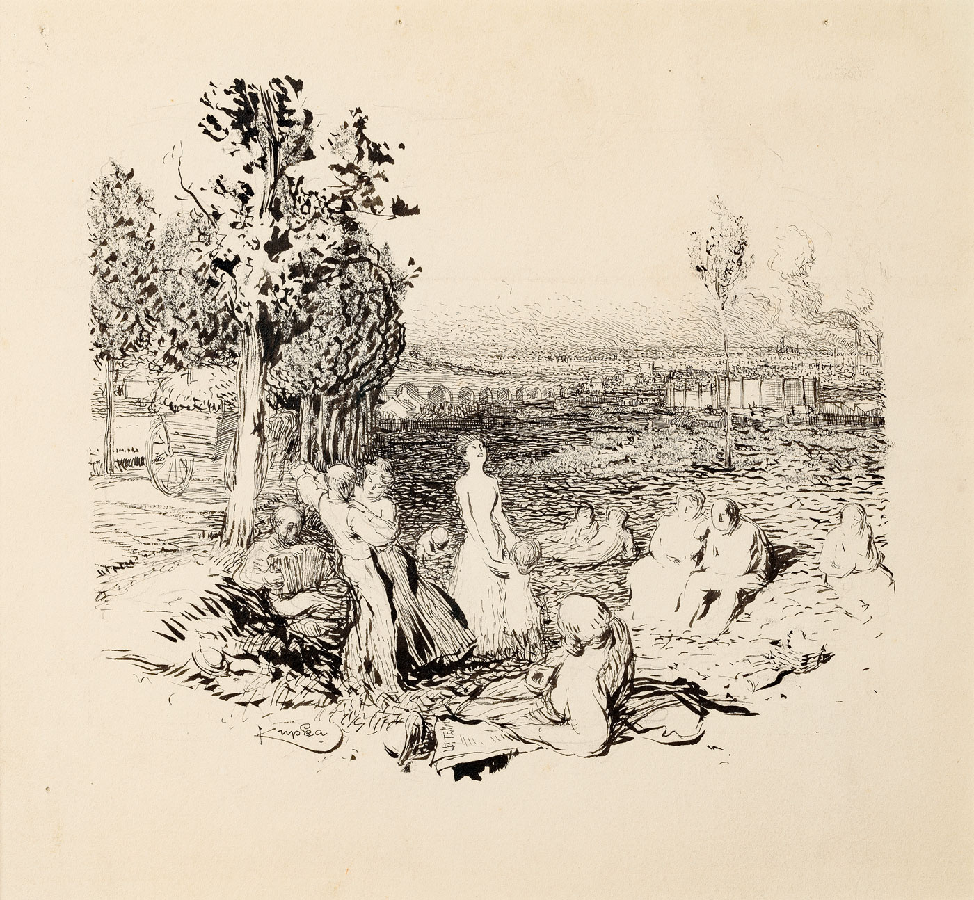 František Kupka: Répartition des Hommes (Rozdělení lidstva), viněta na konci kapitoly, pero a tuš na papíře, 38,7 × 31,3 cm, Galerie Kodl 28. 11. 2021
