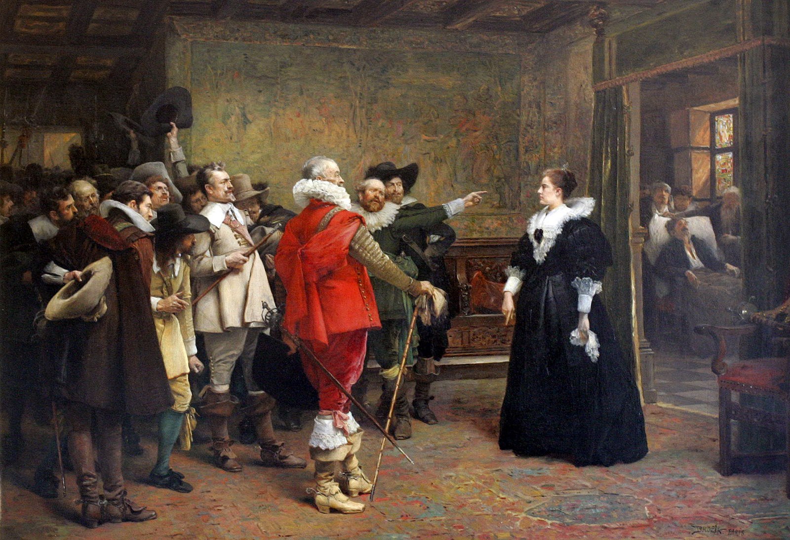 Václav Brožík: Polyxena z Lobkovic chrání ve svém domě před pronásledováním královské místodržící Slavatu a Martinice, 1892, olej na plátně, 73 x 110 cm Galerie výtvarného umění v Ostravě (inv. č. O 1165)