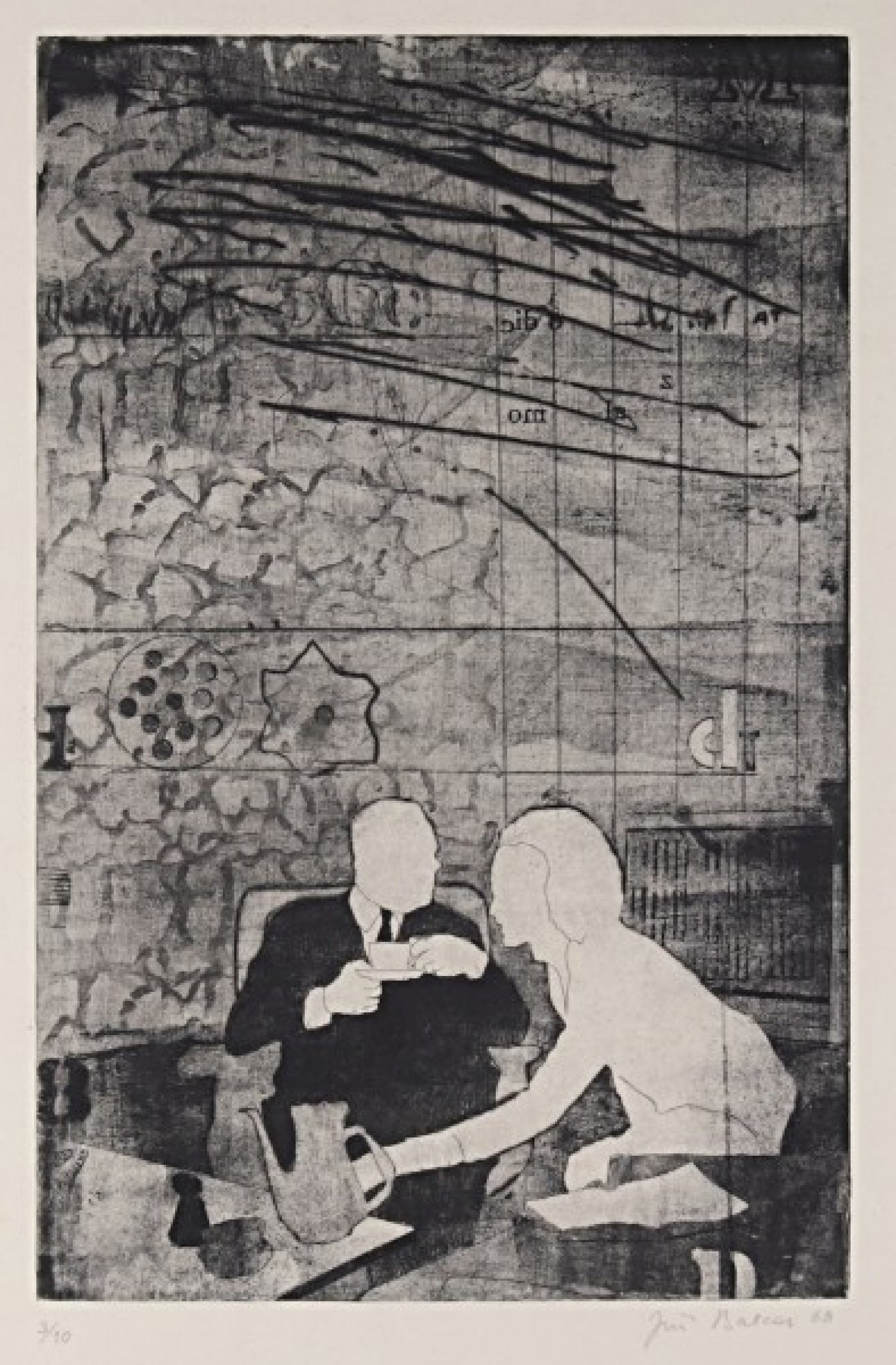 Jiří Balcar: Odpolední čaj, 1968, lept, 50 x 32 cm, 3/10, vyvolávací cena: 19 000 Kč (+ 24% provize), Galerie Dolmen 15. 12. 2021