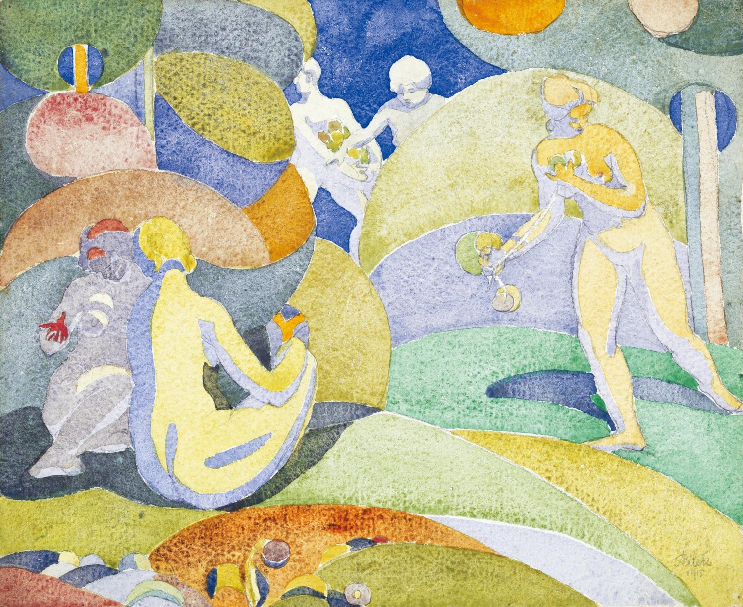 Alois Bílek: Dívky česající ovoce, 1915, akvarel na ručním papíře, 25 x 35 cm,  cena: 300 000 Kč, 1. Art Consulting 20. 2. 2022