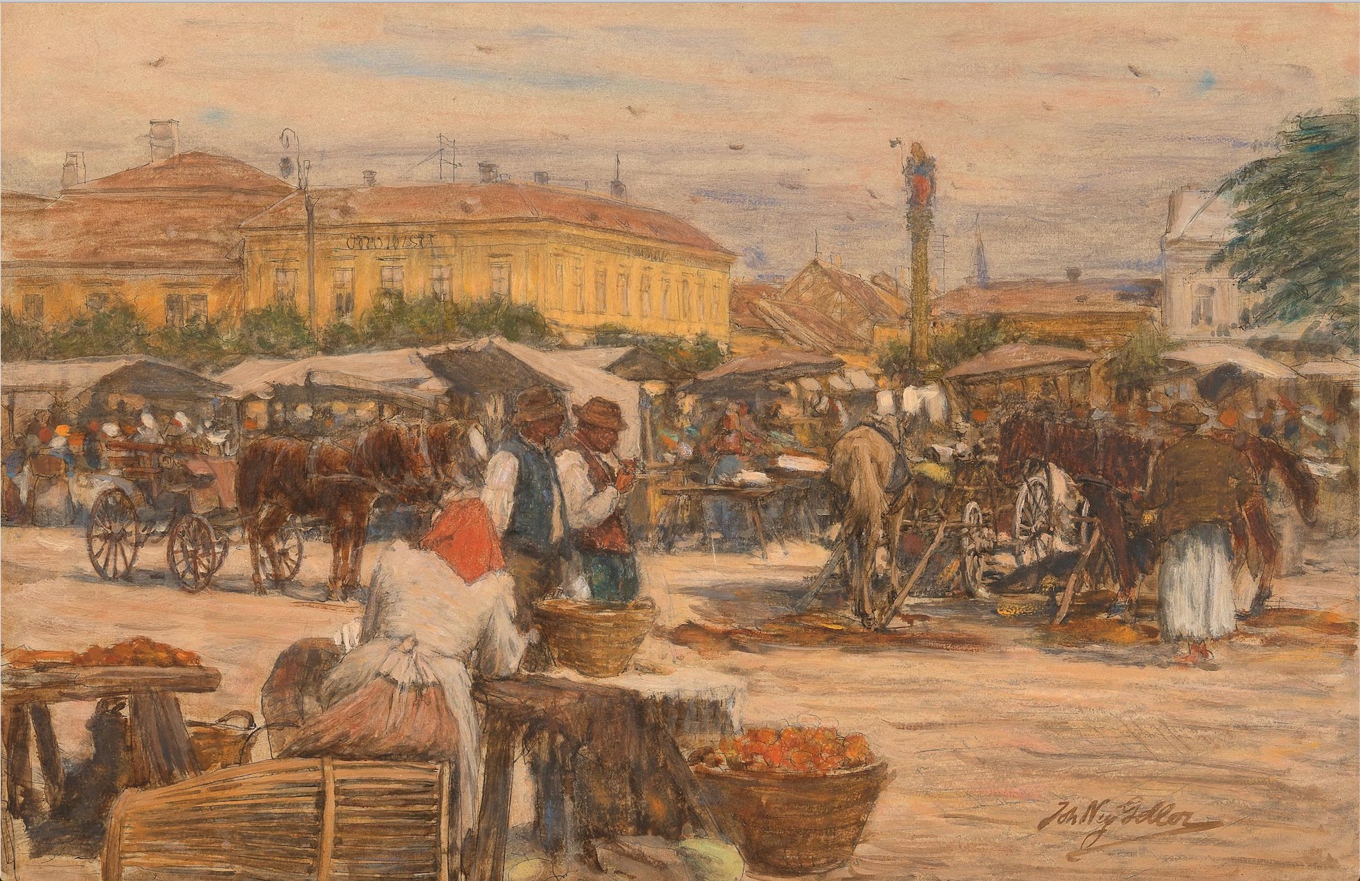 Johann Nepomuk Geller: Trh ve Znojmě, před 1908, tuš, akvarel na kartonu, 33 x 50 cm, cena: 3 000 – 5 000 EUR Dorotheum Vídeň 20. 4. 2022
