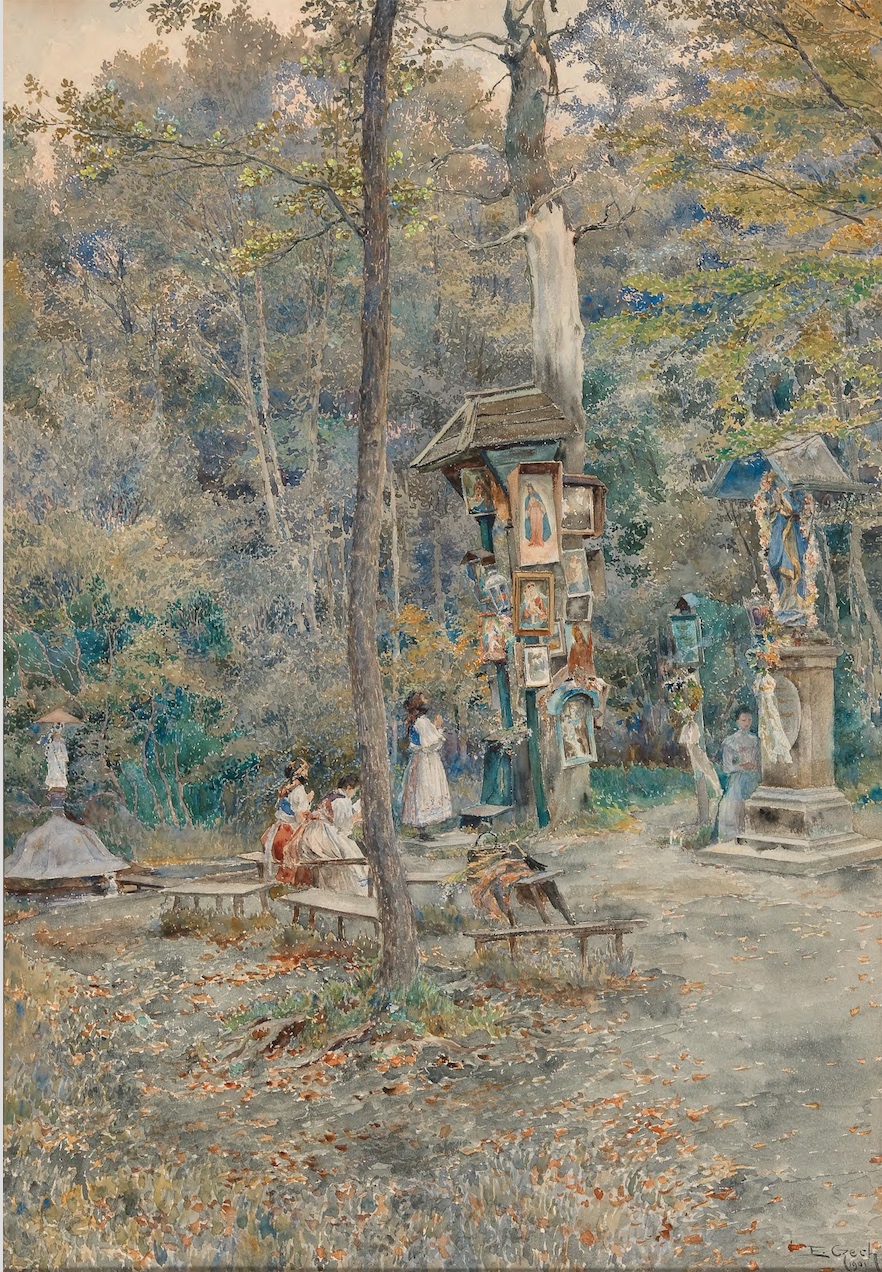 Emil Czech: Dívka v kroji u stromu, 1901, akvarel na papíře, 54,5 x 38 cm, odhadní cena: 1 000 – 1 400 EUR Dorotheum Vídeň 20. 4. 2022 (+ provize)