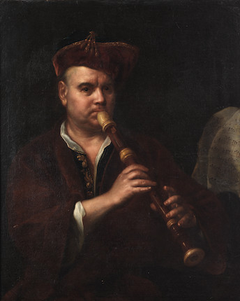 Jan Kupecký: Muž hrající na zobcovou flétnu, kolem 1720, olej na plátně, 86,8 x 68,9 cm  Bonhams Londýn 12. 4. 2022 cena: 12 750 GBP
