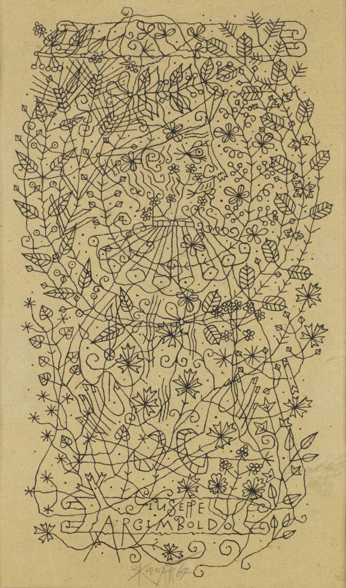 Zdeněk Sklenář: Giuseppe Arcimboldo, 1967, tuš na papíře, 44,7 x 66 cm (včetně rámu), Zezula 28. 5. 2022, cena: 444 000 Kč