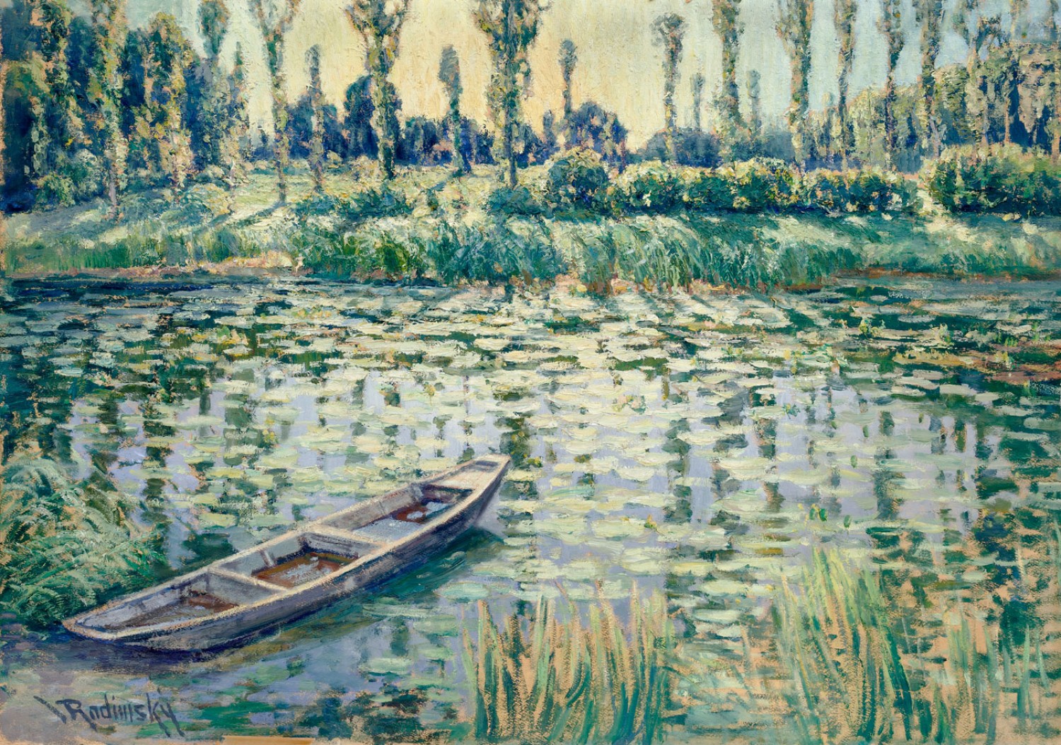 Václav Radimský: Krajina s řekou a pramicí, kolem 1925, olej na kartonu, 70 x 100 cm, Artslimit 2. 10. 2022, cena: 1 300 000 Kč