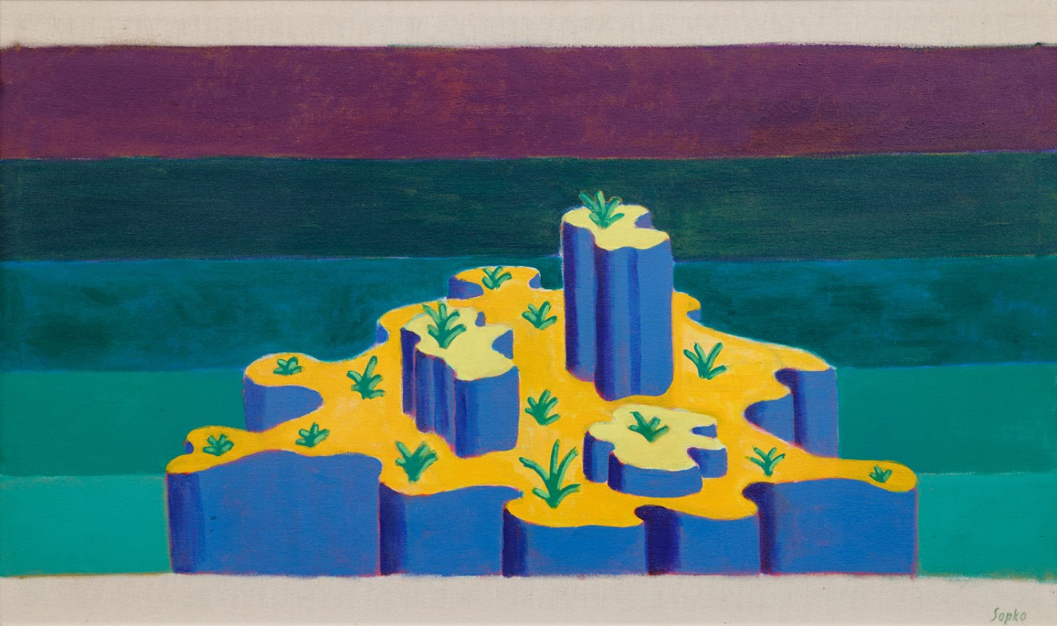 Jiří Sopko: Ostrov květin, 1992, akryl na plátně, 60 × 100 cm, Artslimit 2. 10. 2022, cena: 412 500 Kč