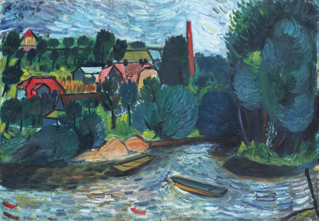 Karel černý: Vesnice nad řekou, 1938, olej na plátně, 50 × 70,5 cm, 1. Art Consulting 23. 10. 2022, vyvolávací cena: 950 000 Kč + provize ve výši 20%