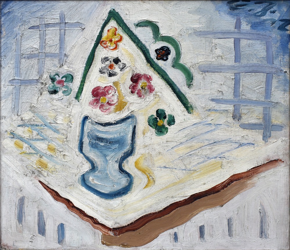 Josef Čapek: Zátiší s květinami (Květiny v modré váze), 1922, olej na plátně, 51 x 58,5 cm, Aukce obrazů 12. 12. 2022, vyvolávací cena: 1 400 000 Kč (+20% provize)