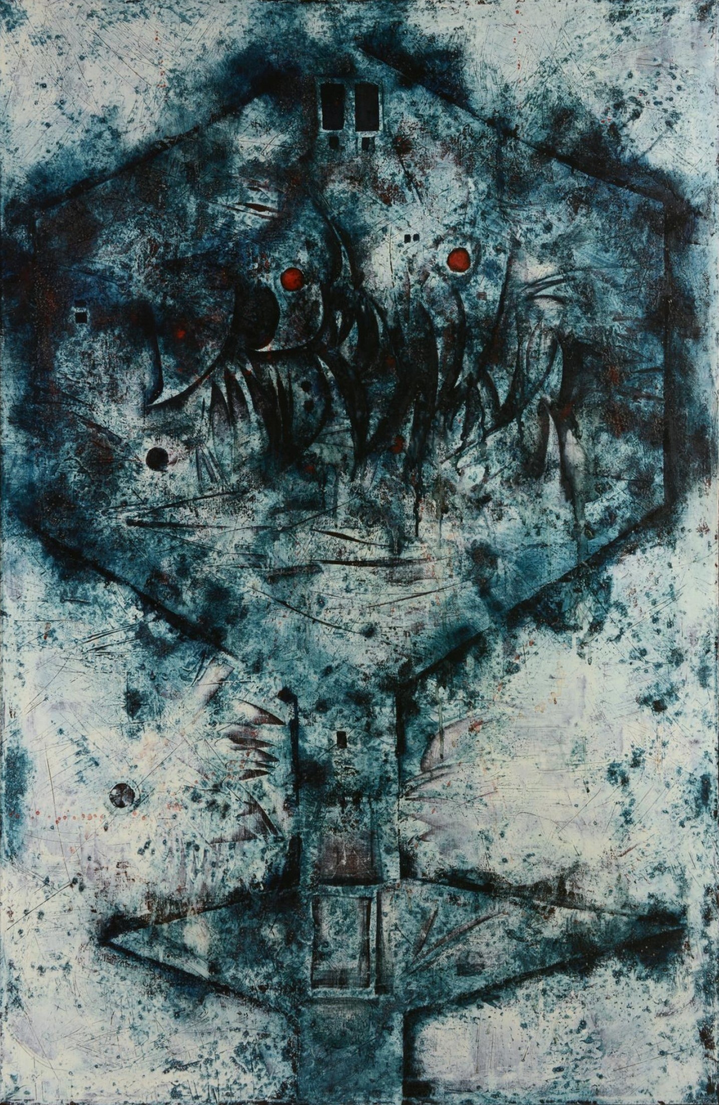 Mikuláš Medek: Malý modrý nudný (též smutný) obraz, 1966, kombinovaná technika, 130 x 85 cm, Aukční dům Zezula 28. 5. 2022, cena: 6 960 000 Kč