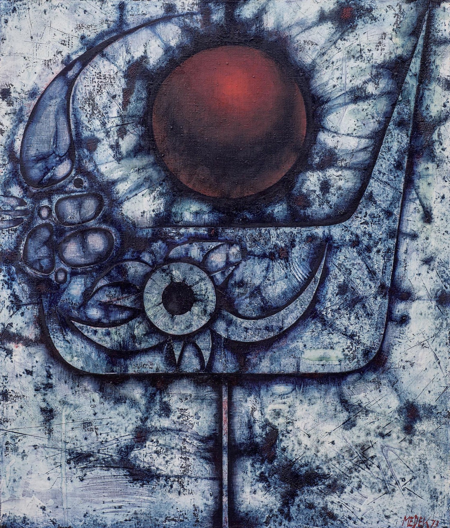 Mikuláš Medek: Modrý obraz (Kleště), 1973, kombinovaná technika, 70 x 60 cm, European Arts 20. 11. 2022, cena: 4 464 000 Kč 