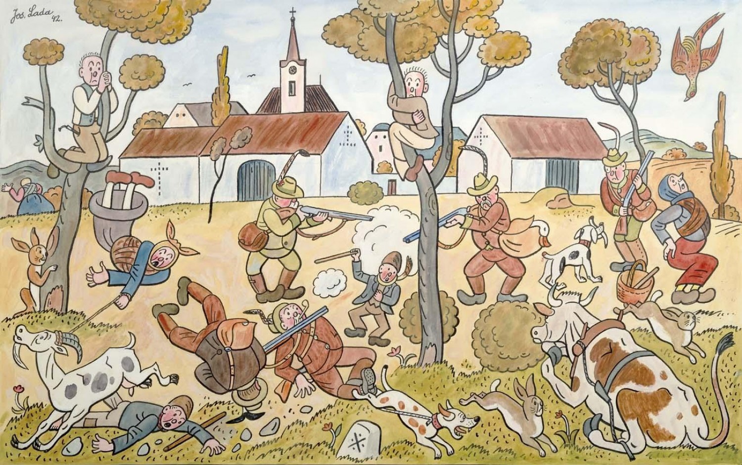 Josef Lada: Hon na návsi, 1942 kombinovaná technika na kartonu, 37 x 58 cm Galerie Kodl, 29. 5. 2022 cena: 3 240 000 Kč