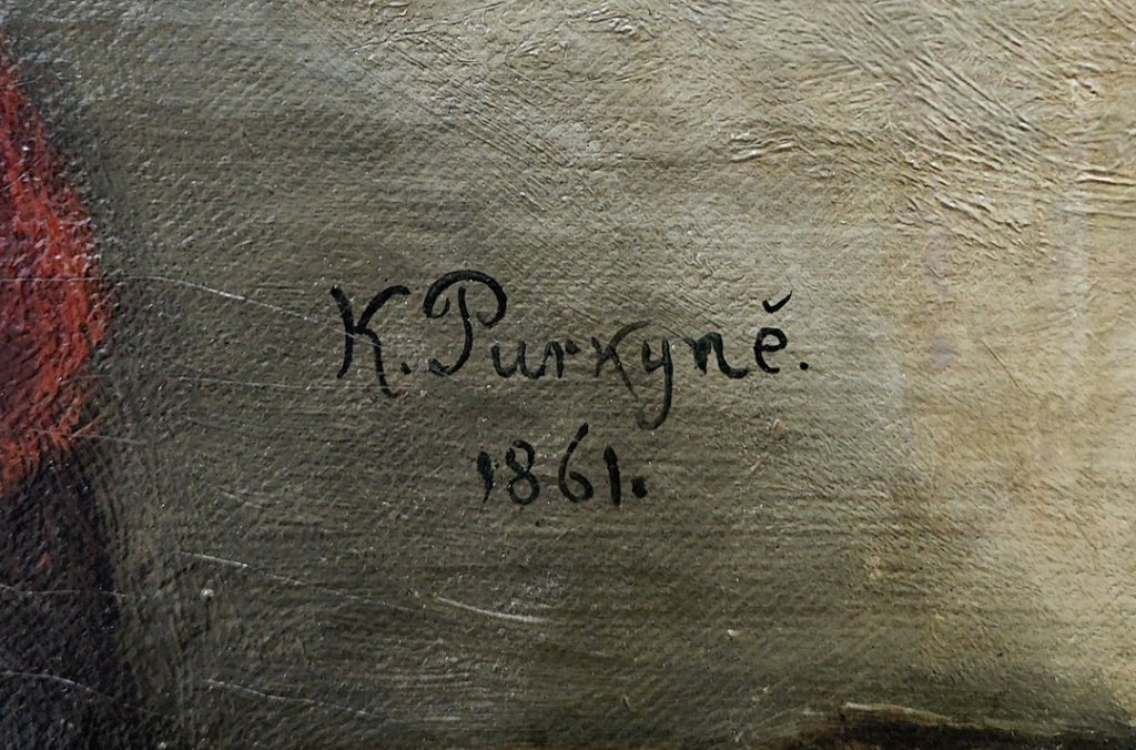 Karel Purkyně: Zátiší s pávem, 1861, detail signatury 