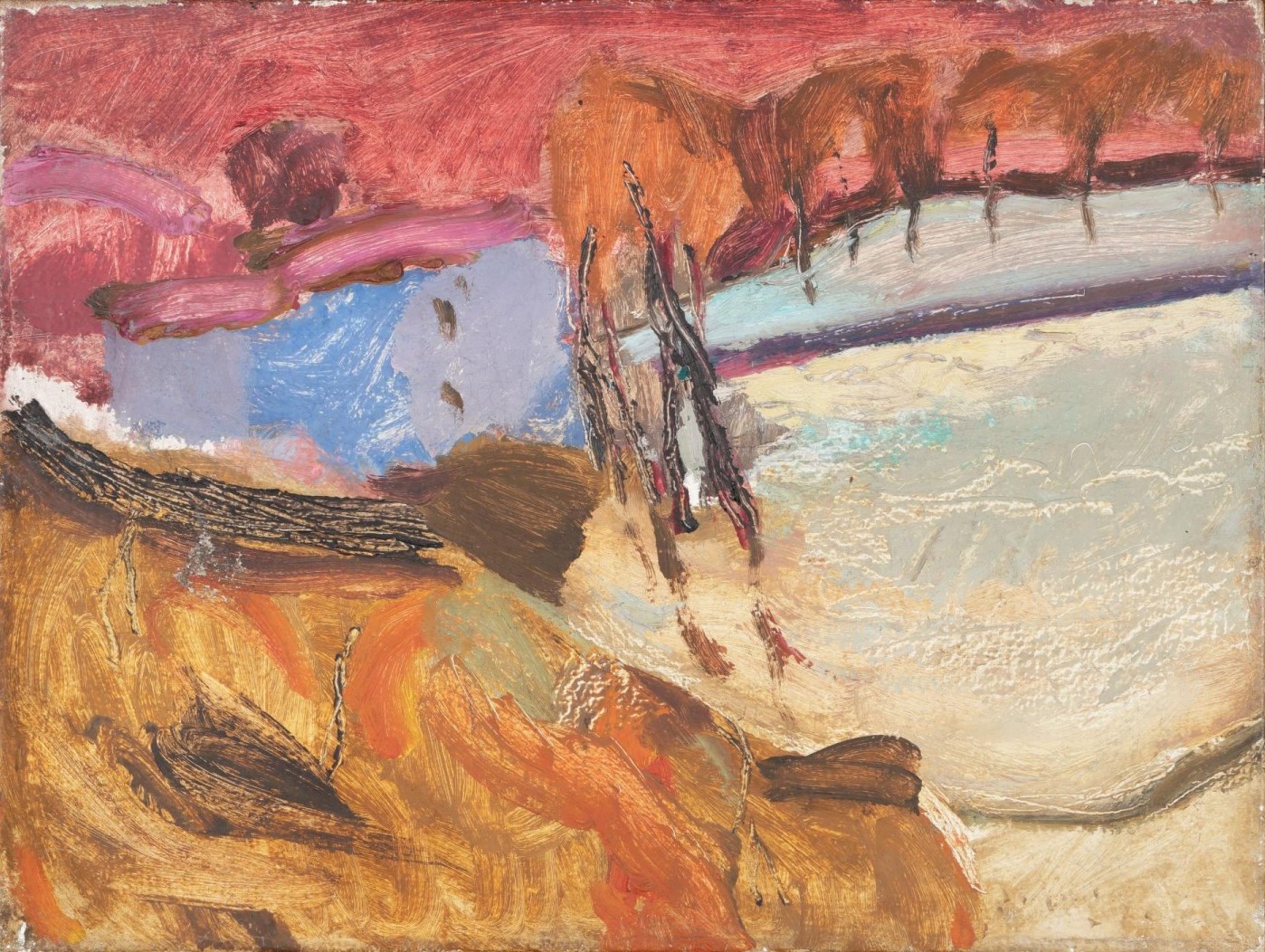 Zdeněk Sýkora: Nad jezem u Března, 1958–1965, olej na plátně, 30 × 40 cm, Adolf Loos Apartment and Gallery 8. 5. 2023, cena: 447 700 Kč