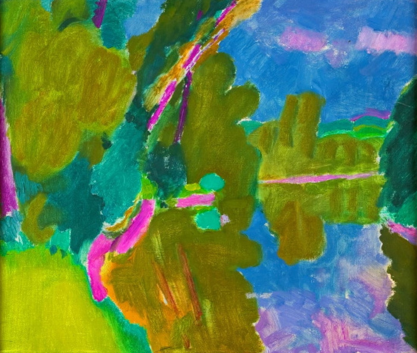 Zdeněk Sýkora: Počedělice, 70. léta 20. stol., olej na plátně, 52 × 62,5 cm, Galerie Pictura 31. 5. 2012, nevydraženo