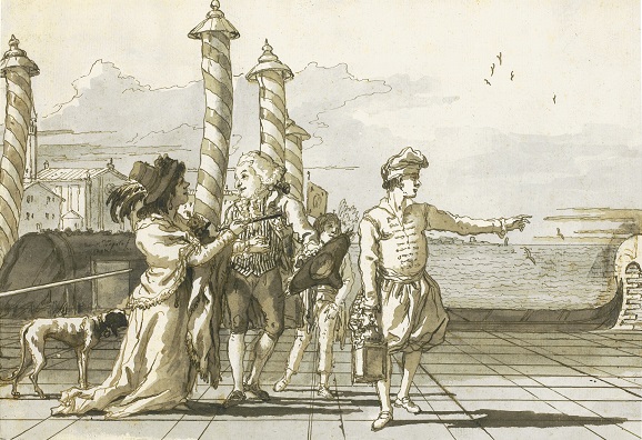 Giovanni Domenico Tiepolo: Incontro al Molo / lavírovaná perokresba