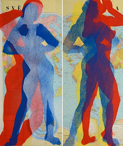 Stano Filko: Mapy světa s ženskými figurami I / 1967 / linoryt na papíře / 95 x 41,5 cm / 28 000 Kč