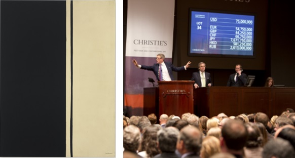 Christie`s New York 13. května 2014 / příklep díla Black Fire I Barnetta Newmanna za cenu 84 165 000 USD