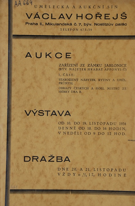 Obálka aukčního katalogu dražby vybavení zámku v Jablonici /1934