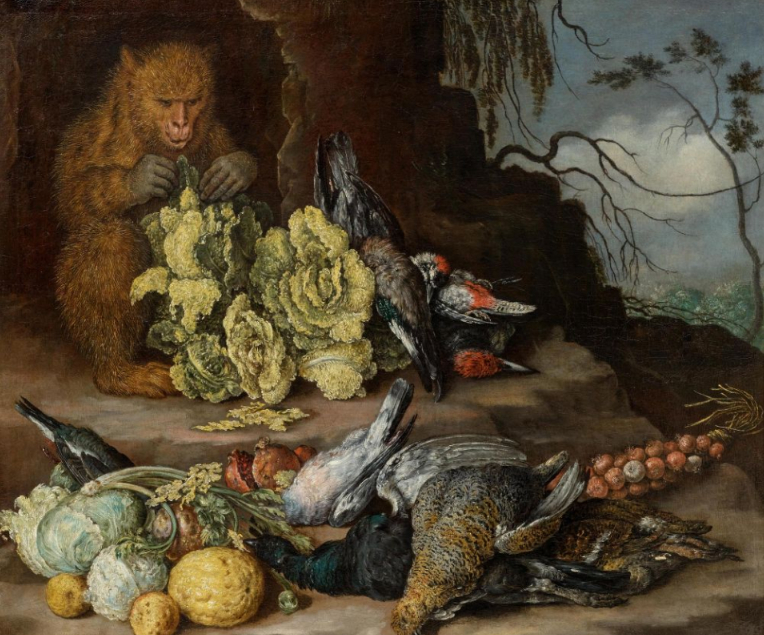 Gottfried Libalt,  Zátiší s opicí, ptáky, zeleninou a ovocem, olej, plátno; 100 x 115 cm; odhad 15–20 830 EUR; č. kat. 3067; Koller Zürich