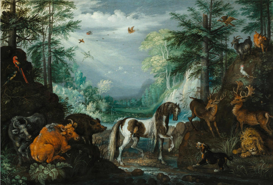 Roelandt Savery,  Rajská krajina se zvířaty a sv. Hubertem, olej, dřevo; 1627; 38 x 54,6; odhad 150–233 330 EUR; č. kat. 3036; Koller Zürich