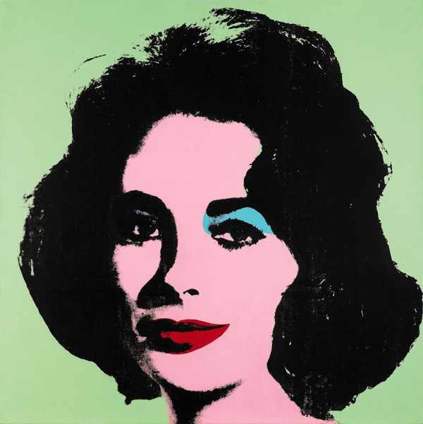 Andy Warhol: Elizabeth Taylor / 1963 / sítotisk na akrylovém plátně / 101.6 x 101.6 cm / odhad: $30 mil / Sotherby’s 11. 11. 2014