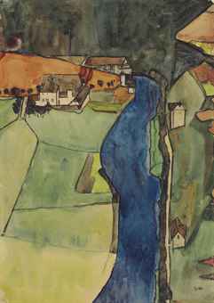 Egon Schiele: Město na modré řece (Krumlov) / 1910 / kombinovaná mokrá technika na papíře / 45 x 31,4 cm / odhad: $800tis-1,2mil / Christie‘s 5. 11. 2014