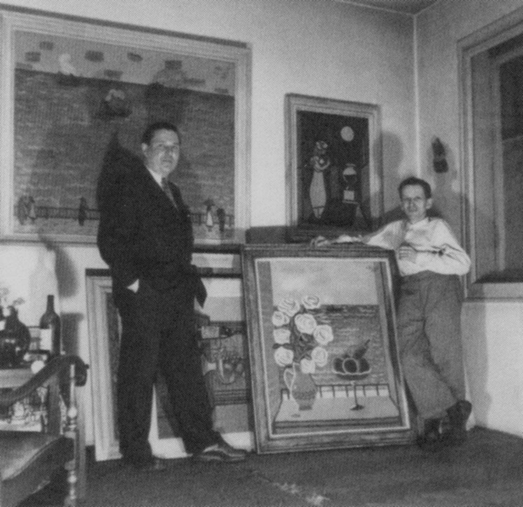 Jaroslav Borovička a malíř Karel Černý v Černého bytě ve Štěpánské ulici, počátek 50. let