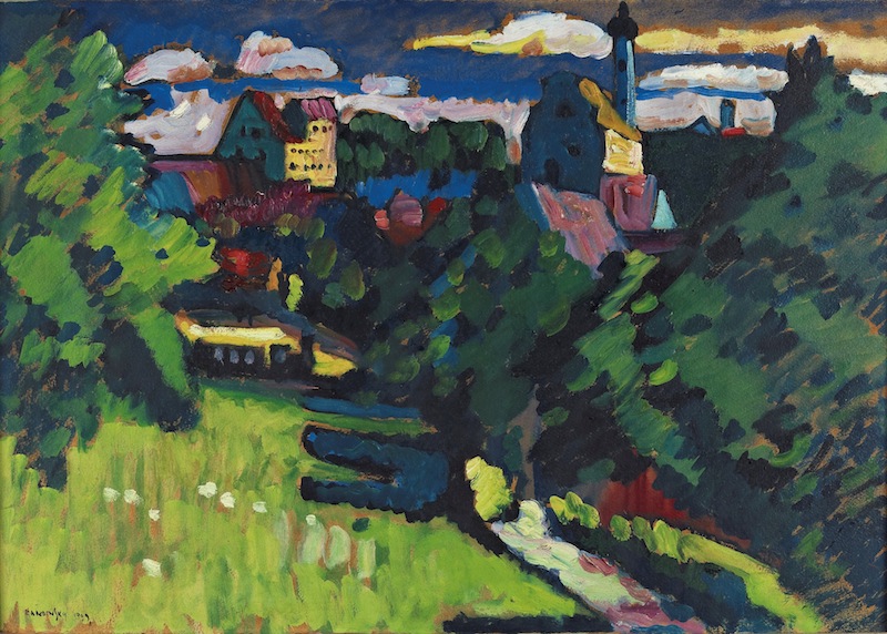 Wassily Kandinsky: Murnau – Ansicht mit Burg, Kirche und Eisenbahn / 1909 / olej na lepence, adjustováno na desce / 48 x 69 cm / odhad: 5 – 7 mil. liber