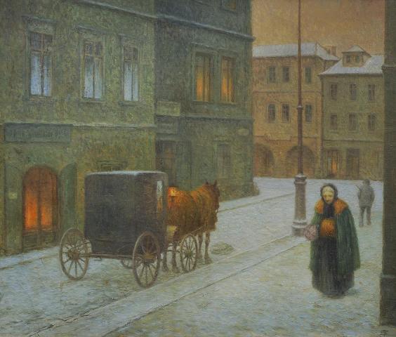 Jakub Schikaneder: Večerní motiv s kočárem / 1910 olej na plátně / 64 x 68 cm / cena: 3 600 000 Kč
