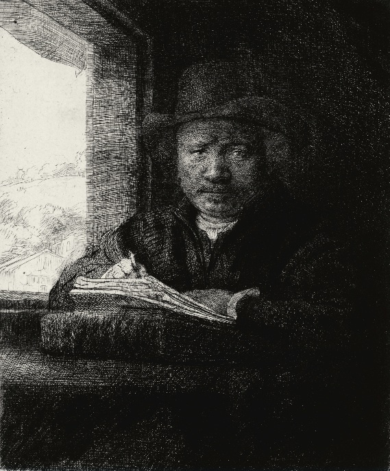 Rembrandt: Autoportét, kreslící u okna