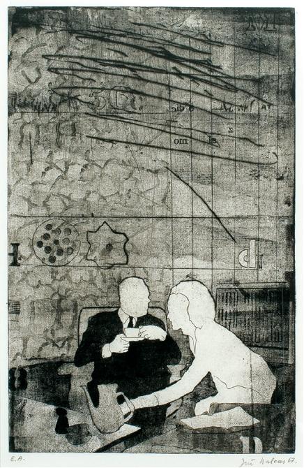 Jiří Balcar: Odpolední káva / 1967 / lept, suchá jehla na papíře / 49,5 x 32,7 cm