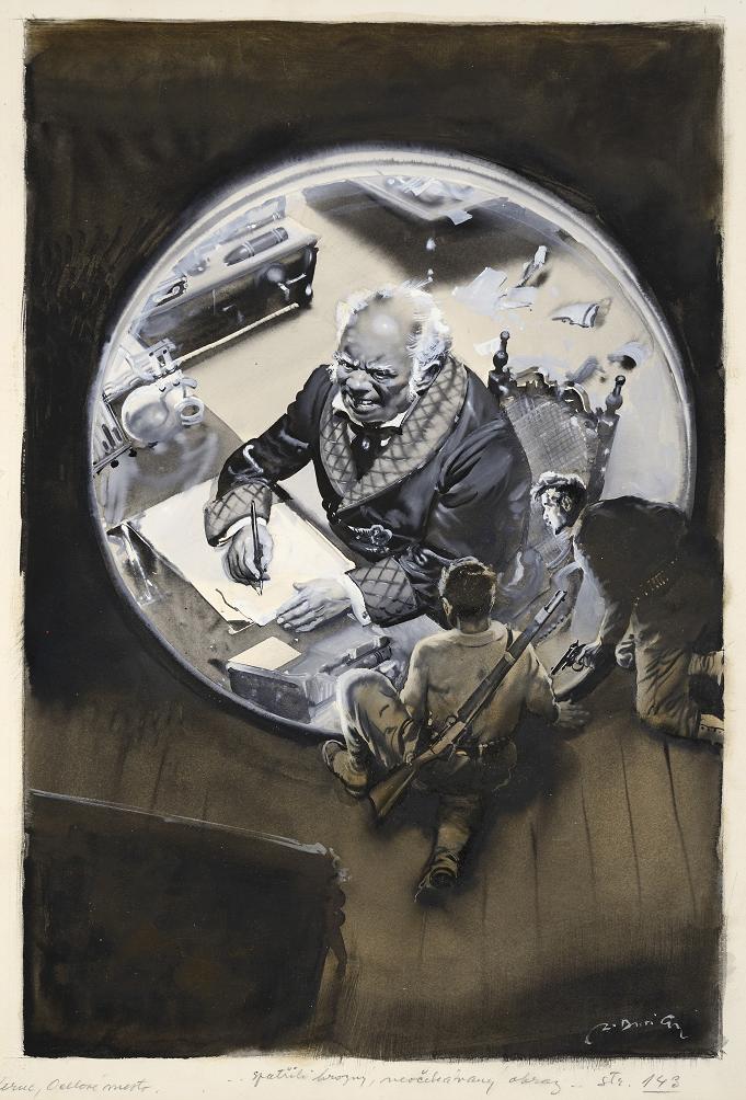 Zdeněk Burian: Ocelové město (J. Verne) / 1954 / kvaš / 41 x 27,5 cm