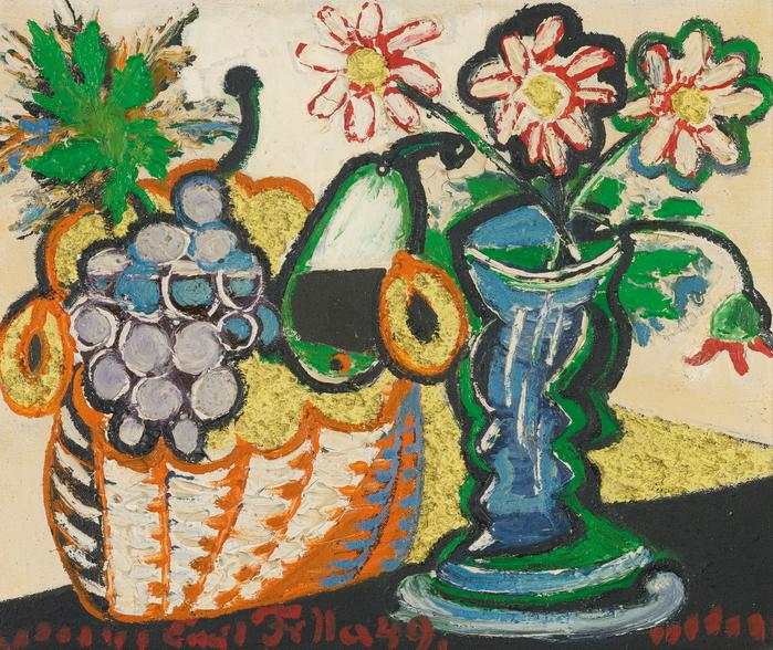 Emil Filla: Zátiší s kyticí a ovocem / 1949 / olej a písek na plátně / 38,4 x 46 cm