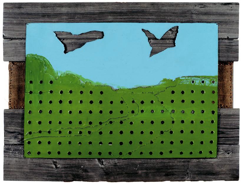 Alena Kučerová: Dva letící ptáci / 1969 dřevo, perforovaný plech, email / 54 x 77 cm / cena: 237 500 Kč