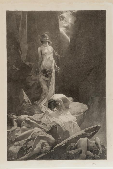 Alfons Mucha, Figurální scéna k čtvrtému verši Otčenáše (definitivní návrh), 1899, kresba tuší