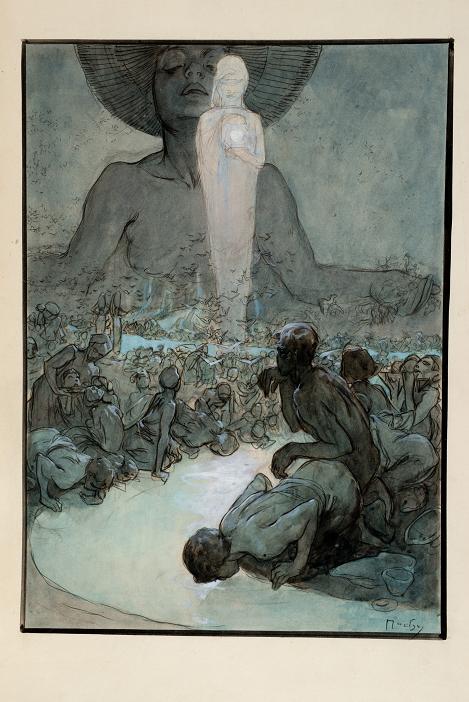 Alfons Mucha, Figurální scéna k pátému verši Otčenáše (návrhová varianta), 1899, tuš a akvarel