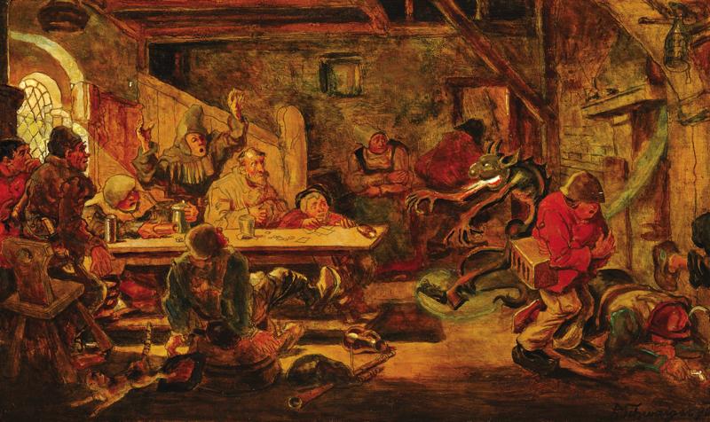 Hanuš Schwaiger: Hráči a čert / 1890 olej na dřevě / 27 x 43 cm / cena: 1 020 000 Kč 